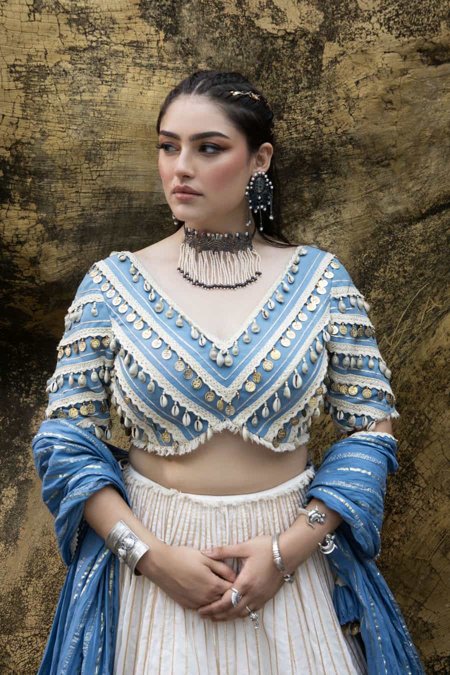 HALTER NECK CROP TOP WITH MAL LEHANGA AND CRUSHED COTTON DUPATTA